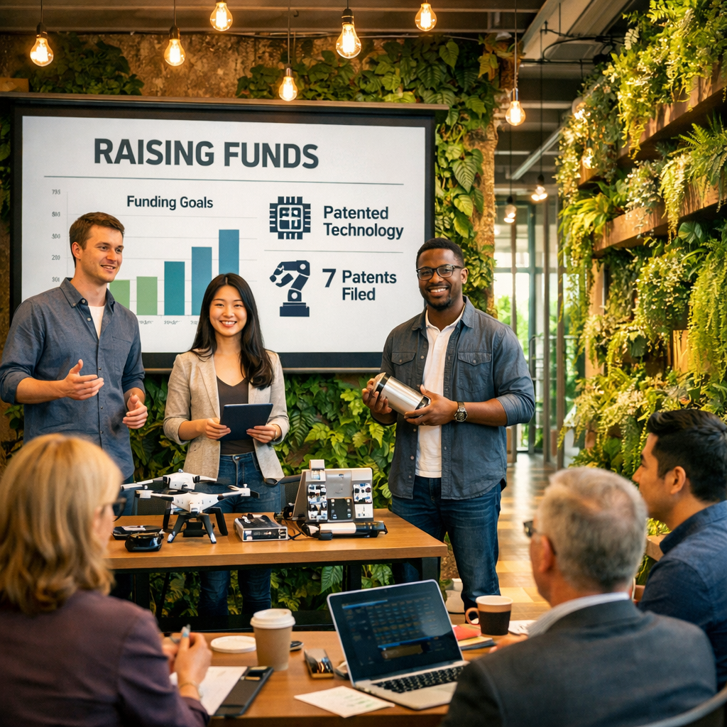 Three people presenting patented technology with funding goals chart to seated investors