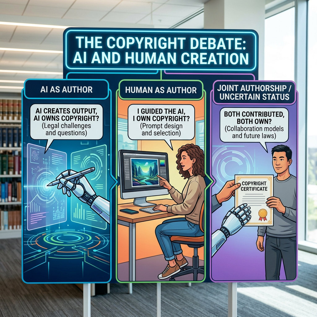 Sign reading “THE COPYRIGHT DEBATE: AI AND HUMAN CREATION,” with panels labeled “AI AS AUTHOR,” “HUMAN AS AUTHOR,” and “JOINT AUTHORSHIP / UNCERTAIN STATUS,” discussing copyright ownership and collaboration.