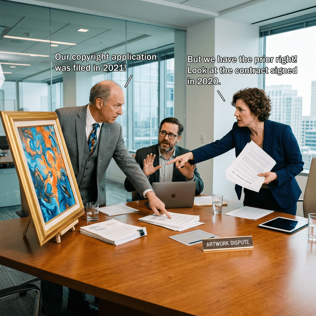 Artwork dispute meeting with text: "Our copyright application was filed in 2021!" and "But we have the prior right! Look at the contract signed in 2020." Plaque reads "ARTWORK DISPUTE."