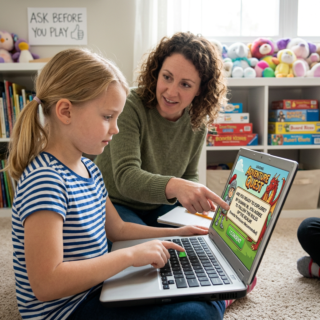 Child and adult reviewing “Adventure Quest” consent screen; sign reads “Ask Before You Play.”