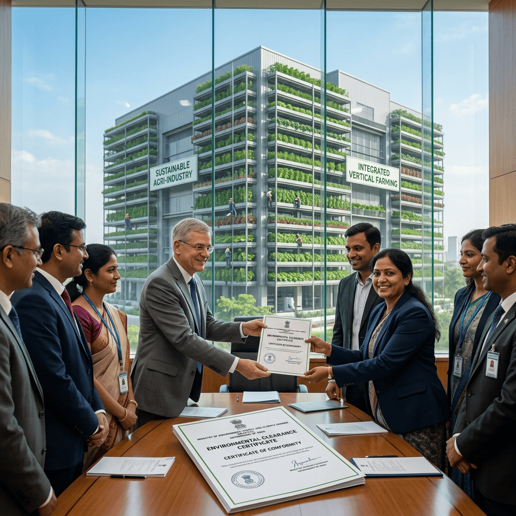 Team presenting an environmental certificate beneath signs reading Sustainable Agri-Industry and Integrated Vertical Farming