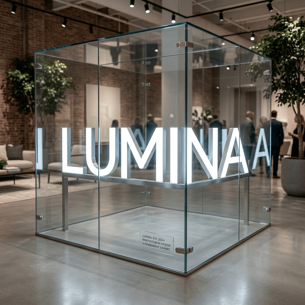 Glass display case with glowing LUMINA lettering and plaque reading LUMINA: EST. 2024 INNOVATION IN DESIGN A PERMANENT EXHIBIT