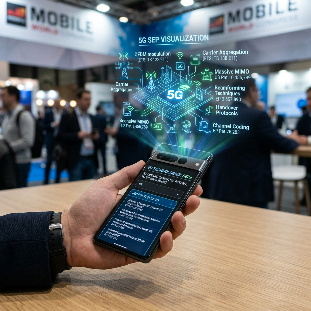 Smartphone displaying 5G technologies beneath text reading “5G SEP VISUALIZATION,” with OFDM modulation, carrier aggregation, Massive MIMO, beamforming techniques, handover protocols, and channel coding.