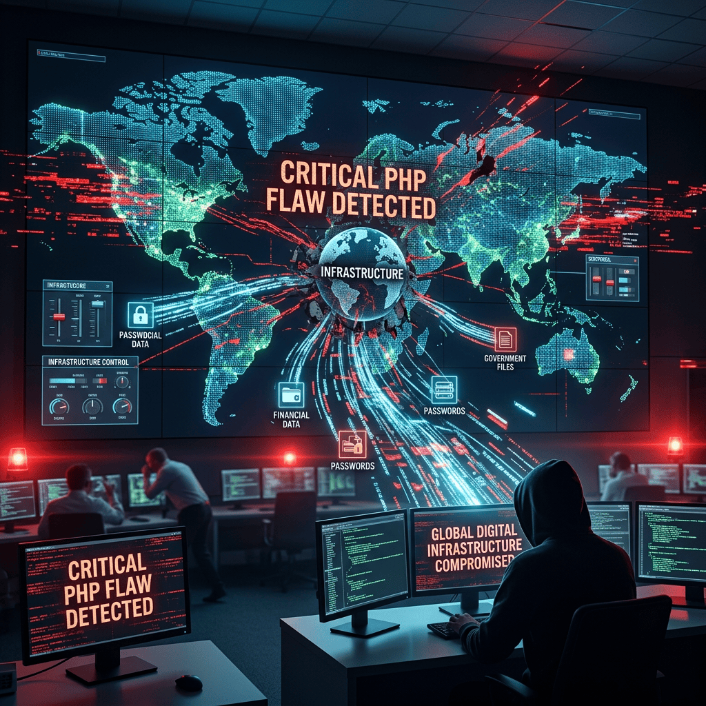 Cybersecurity control room showing world map, critical PHP flaw detected, and compromised infrastructure alerts